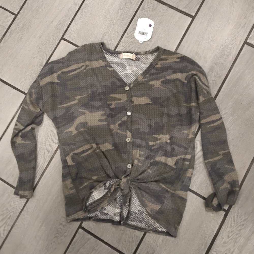 ALLTARD STATE Camo Waffle Knit Button Front Tie Waist Long Sleeve Top Womens M